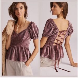 Anthroplogie Porridge Peplum Lace Up Velvet Blouse